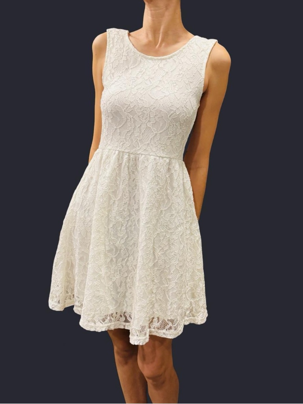 Y2K M Off White Lace Dress Cottagecore Coquette Mini Fit Flare Bow Back